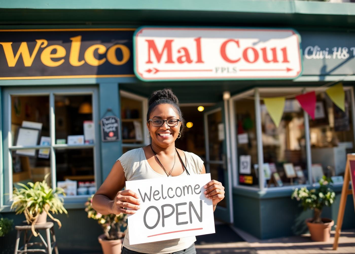 Smiling local Keizer shop owner welcoming customers
