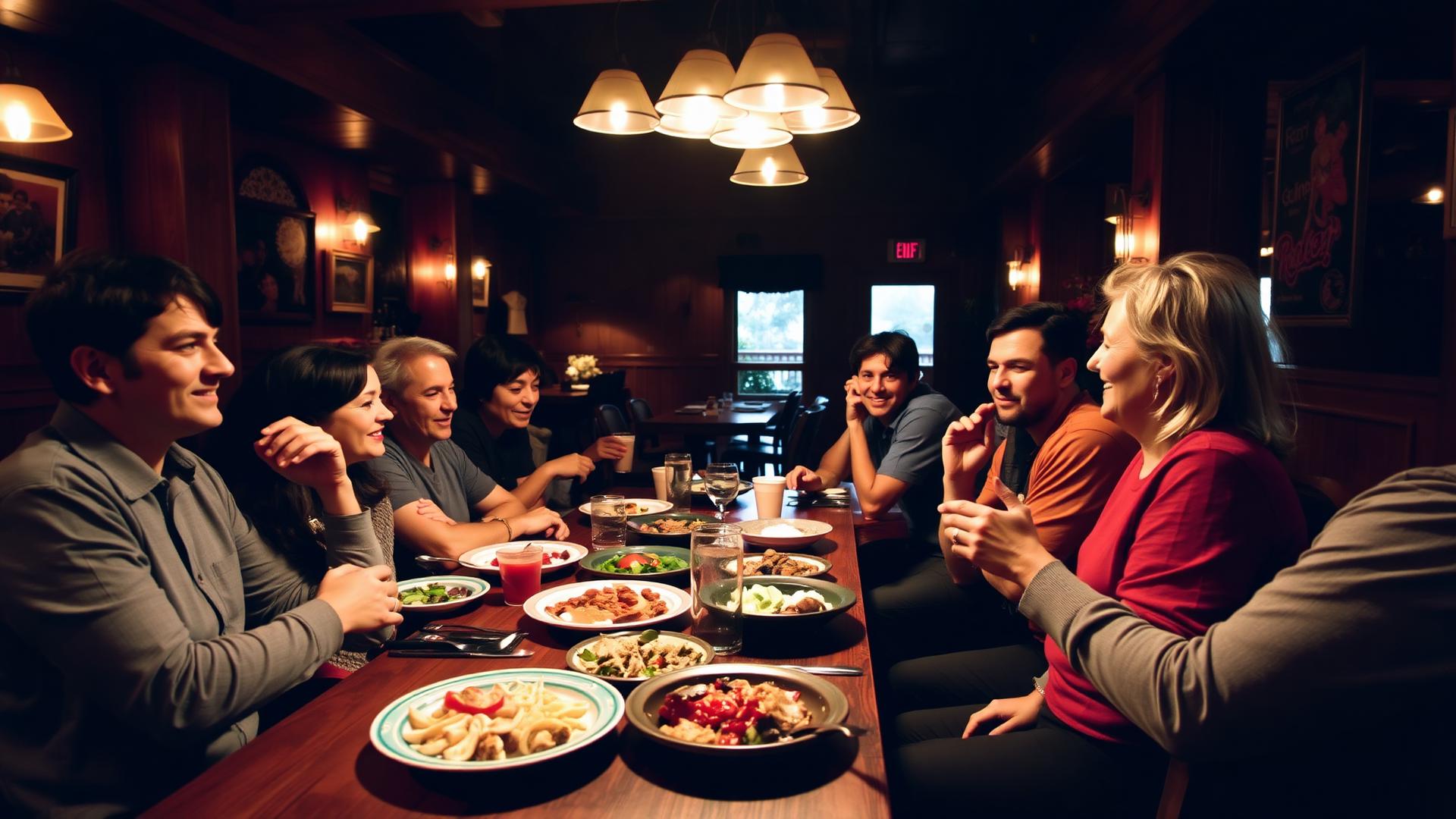 A welcoming table of food shared with friends in a warmly lit Keizer restaurant