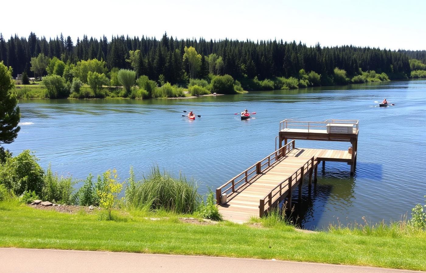 Kayakers and a wooden dock at a Willamette riverside park
