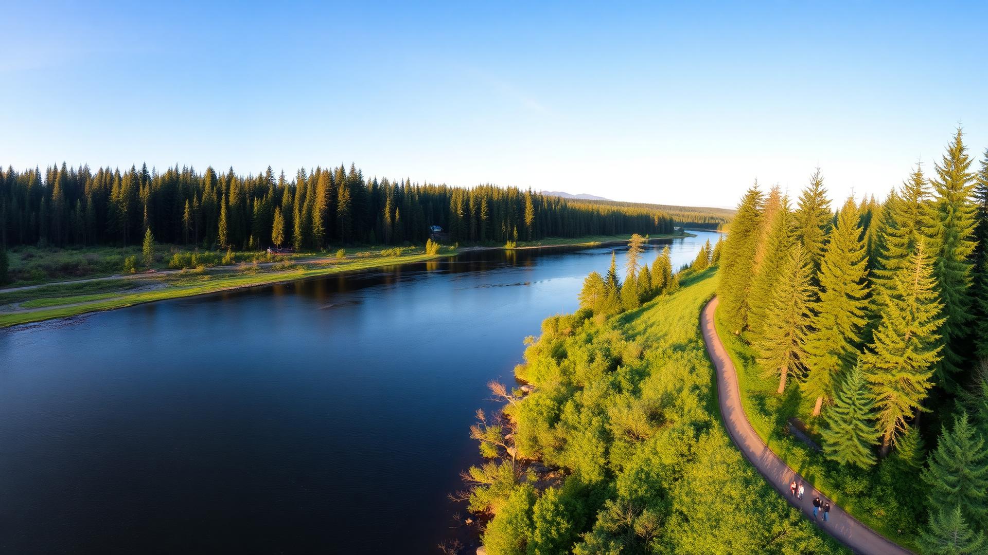 Aerial view of a tree-lined Willamette river bend near Keizer